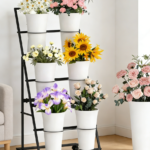 3-Tier Flower Cart Stand with 6 Buckets Wheels